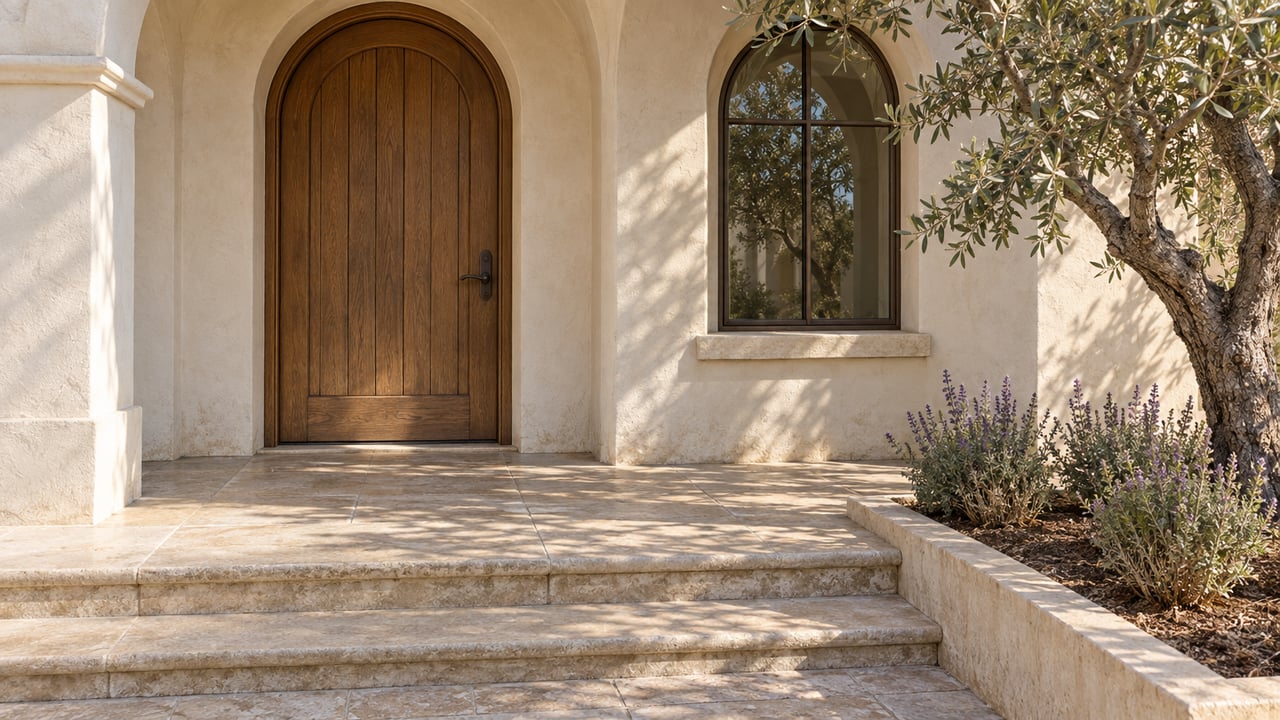 Cream stucco arched entrance with an oak door, bronze-framed window, worn limestone steps, and a mature olive tree.