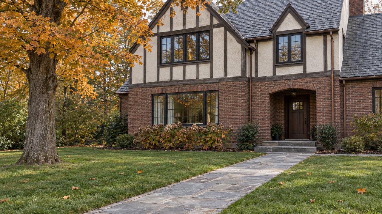 An updated brick-and-timber house with black-framed windows, a bluestone entry, a broad autumn lawn and a mature amber-leaved maple.