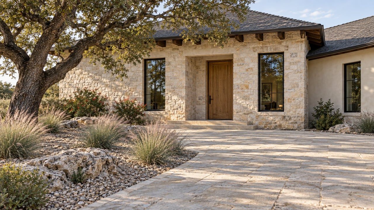 Limestone and plaster home with a recessed oak entrance, tall glazed windows and a broad stone approach beside a mature oak and autumn grasses.