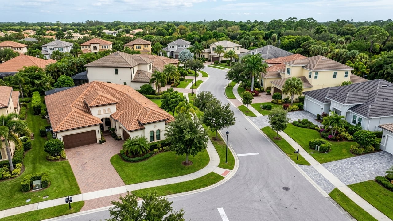 Aerial view of a leafy neighborhood with tile-roofed homes along a curving street.