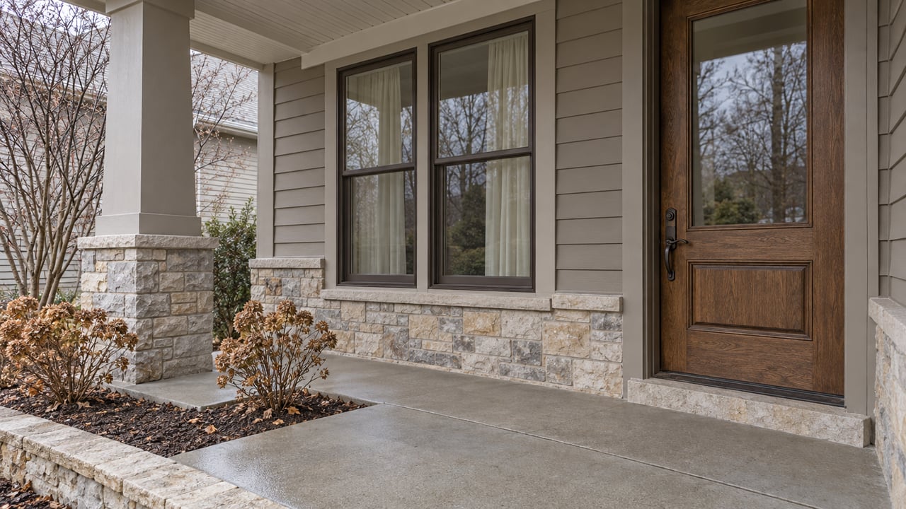 Covered front porch with gray lap siding, a glazed oak door, paired windows and limestone edging beside dried hydrangeas.