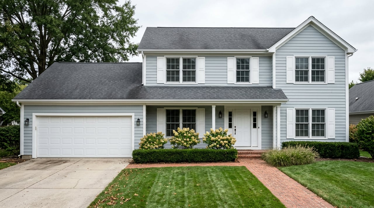 Pale blue-gray two-story house with a left-side garage, brick walkway, and clipped shrubs beneath a broad oak canopy.