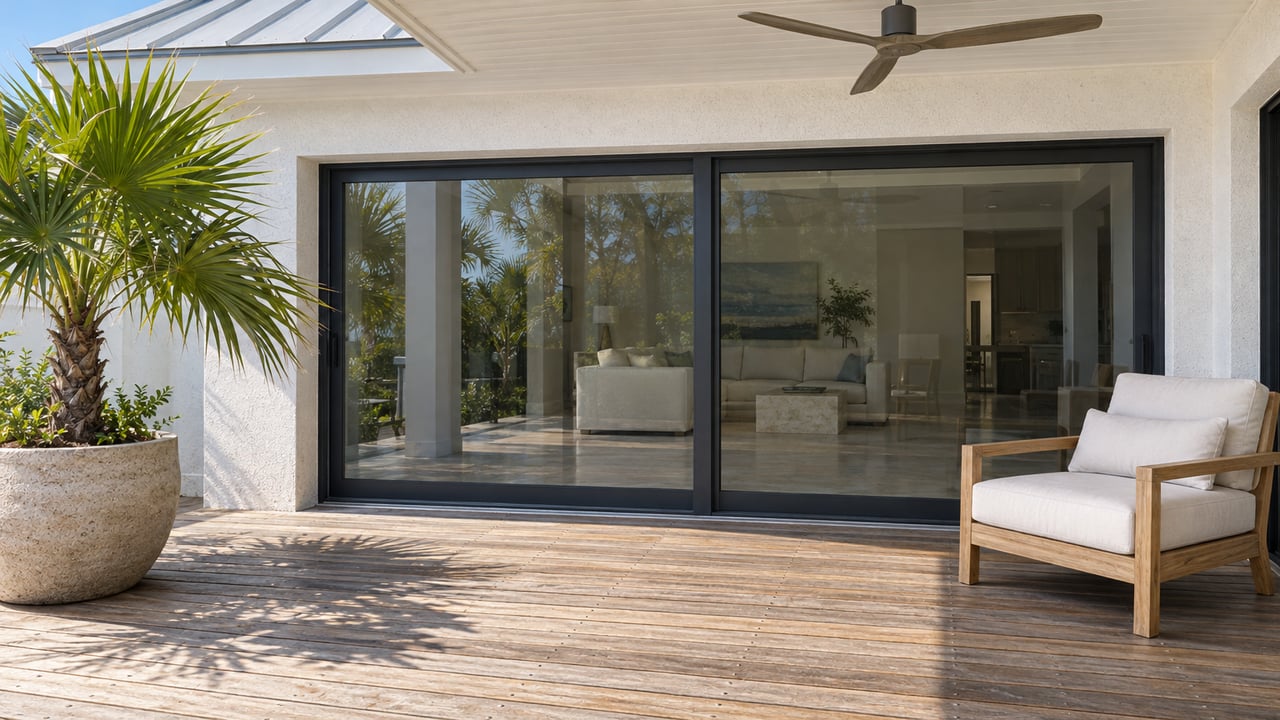 Sunlit teak terrace with white stucco, closed glass sliders, a cushioned lounge chair and a potted fan palm.