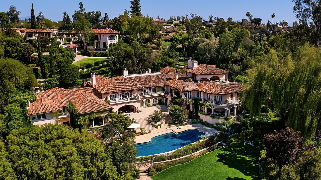 Mediterranean-style estate with terracotta roofs, a swimming pool, and expansive landscaped grounds.