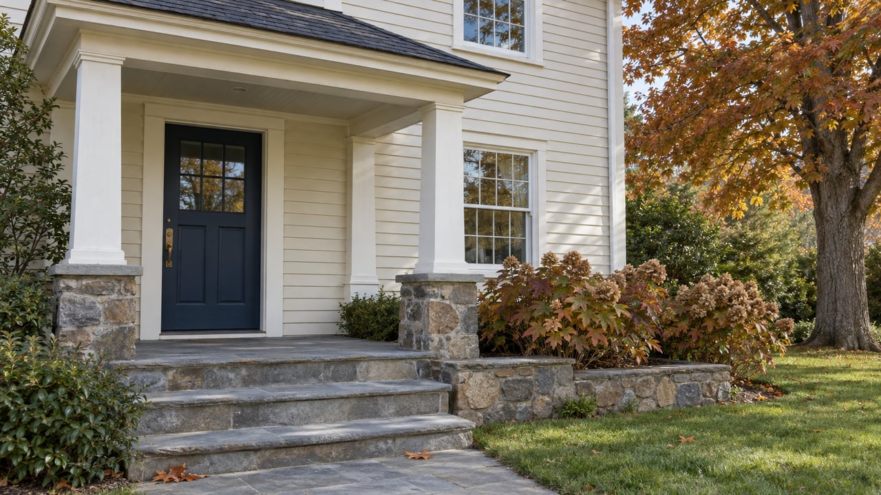Cream clapboard home with a covered porch, navy entry door, bluestone steps and autumn maple foliage.