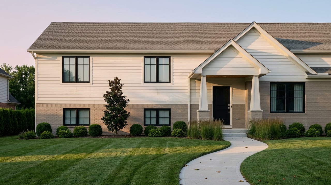 Two-story warm-white and taupe house with a covered entry, curving walk, clipped shrubs, grasses, and a small magnolia tree.