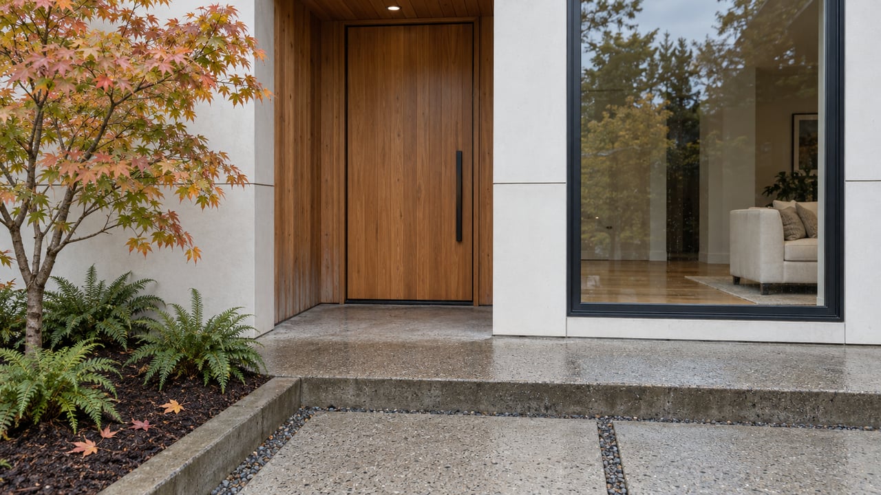 Cedar-lined residential entry beside a large window, with damp concrete paving and copper-colored vine maple leaves.