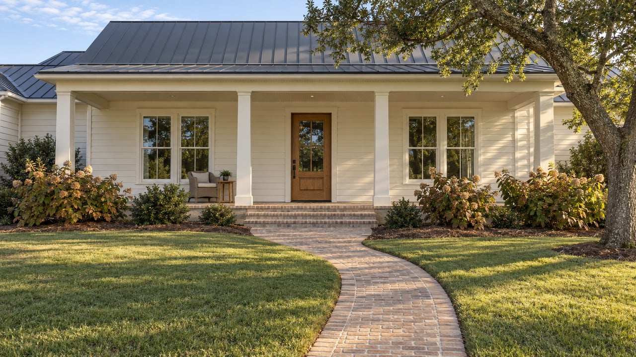 Ivory lap-sided home with a deep brick porch, broad front lawn, and mature live oak in warm afternoon light.