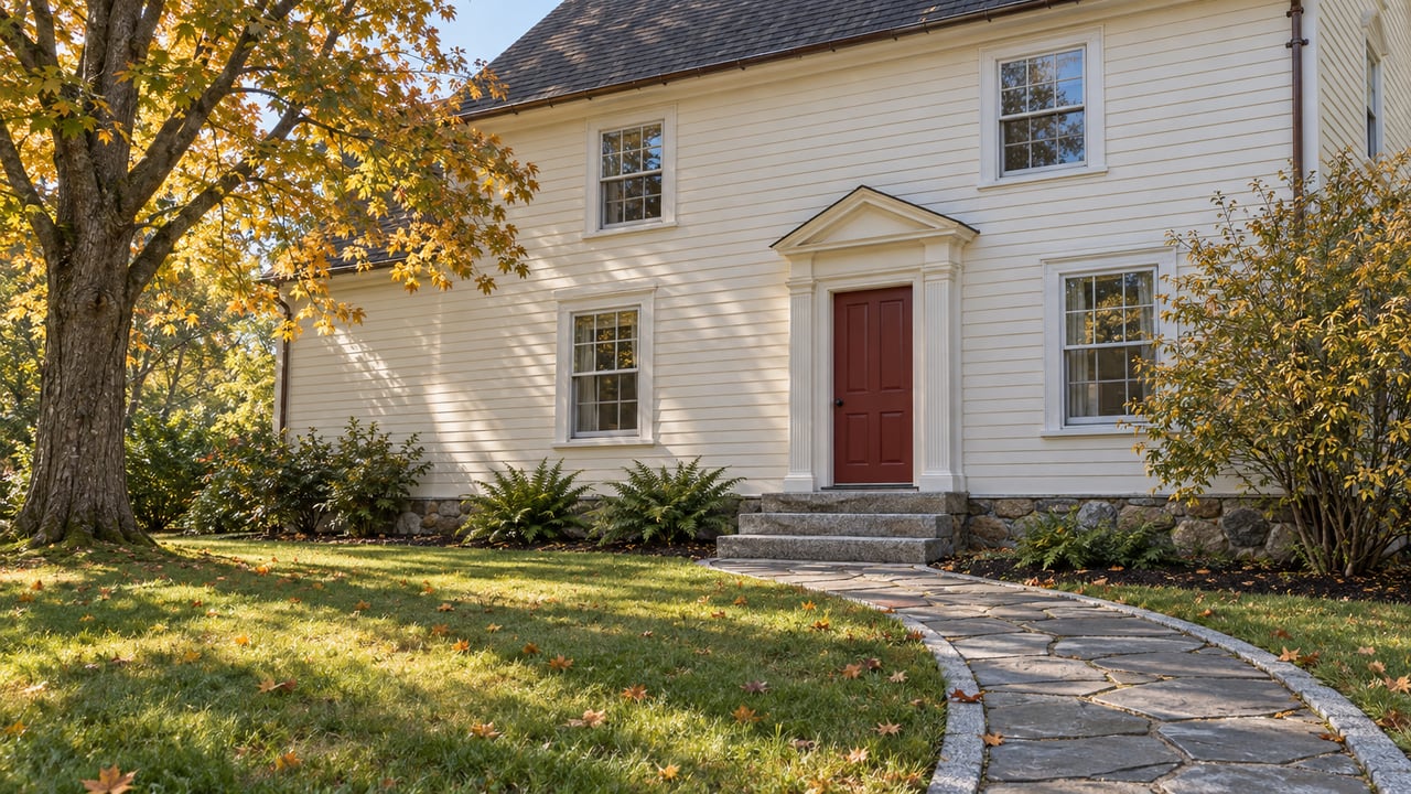 Ivory clapboard house with an oxblood front door, granite steps and a curved stone walk beneath an autumn sugar maple.