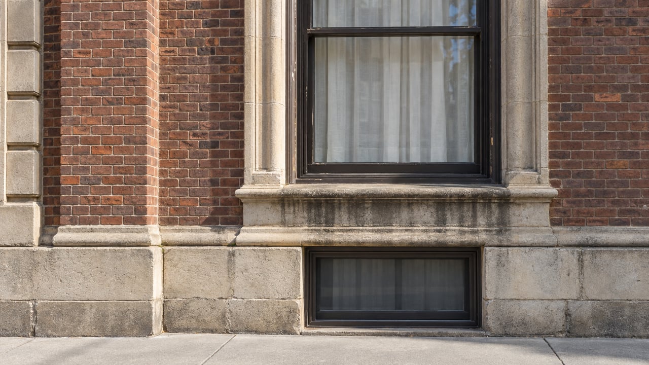 Sunlit limestone window surround and reddish-brown brick on a prewar apartment facade, with bronze-painted sash windows and a worn stone base.