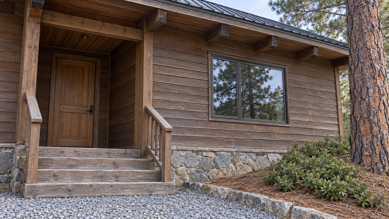 Weathered wood siding, a sheltered timber entry, and a stone foundation beside a mature pine and gravel approach.