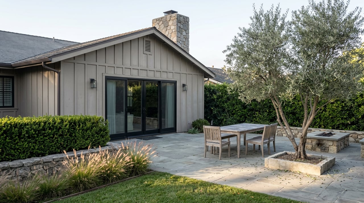 Backyard patio with teak dining set, olive tree in limestone planter, and stone fire feature.