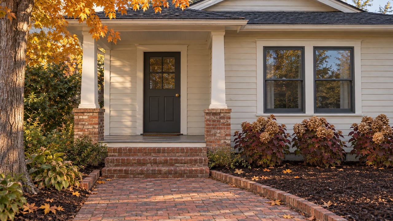 Warm afternoon light on a renovated clapboard home's brick garden approach, sheltered porch and autumn oakleaf hydrangeas.