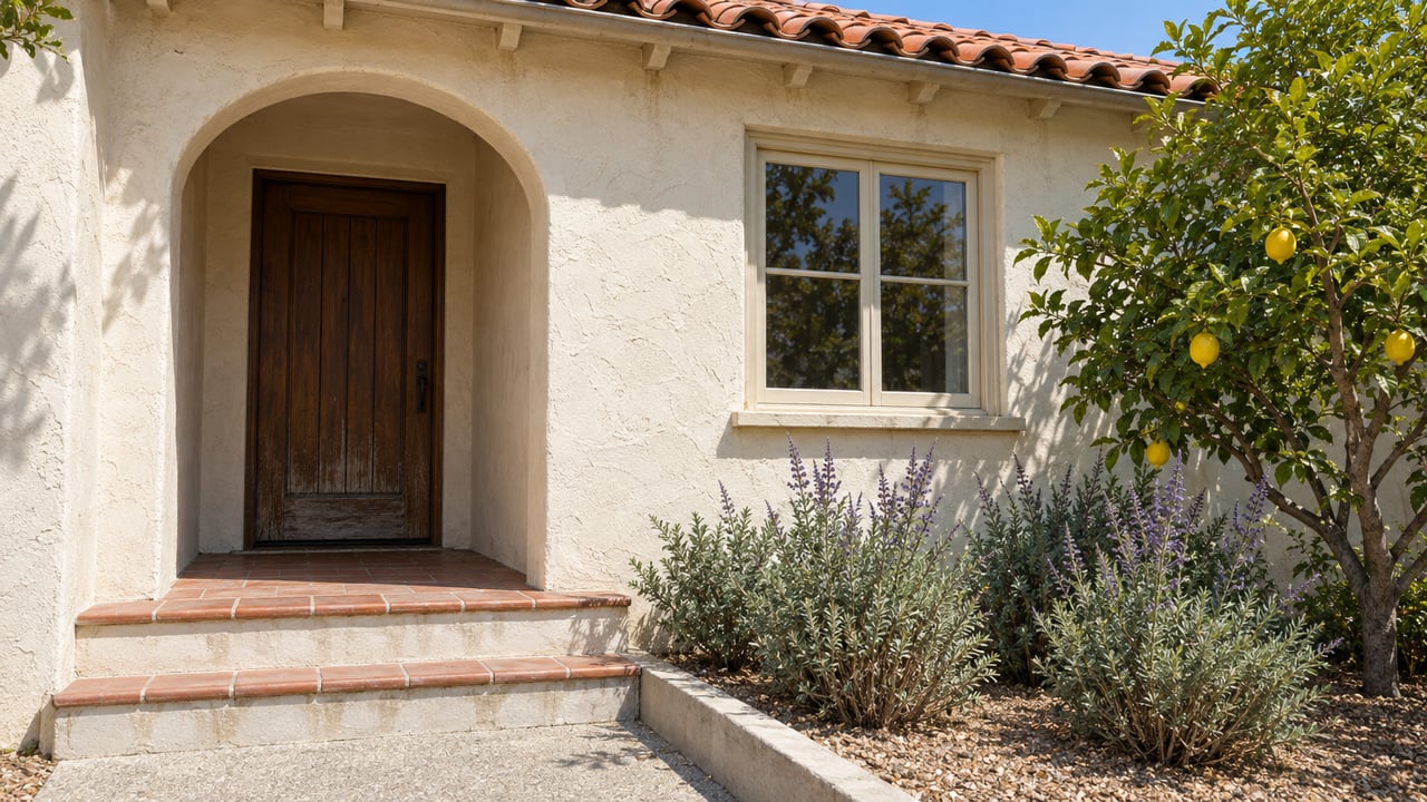 Warm stucco home with a recessed arched oak entry, clay-tile roof, terracotta steps and a lemon tree beside the approach.