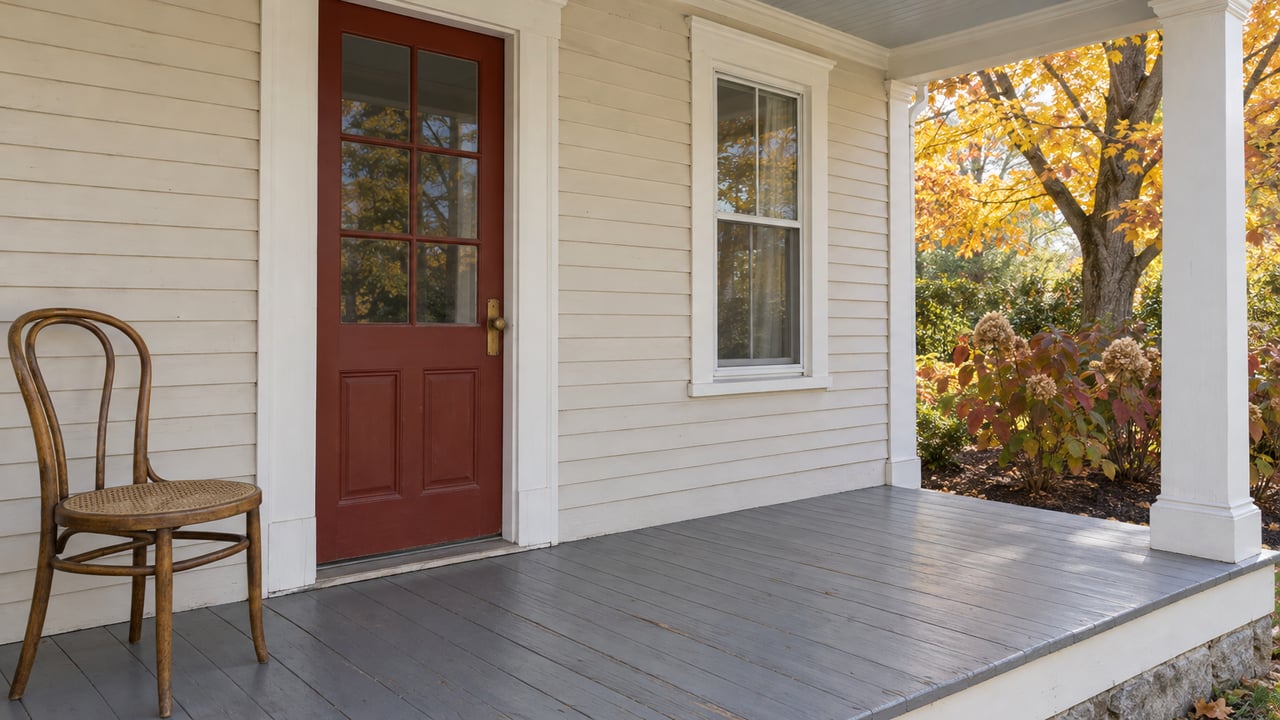 Morning light on a cream clapboard home's covered porch, with a red glazed entry door, cane chair and autumn planting.