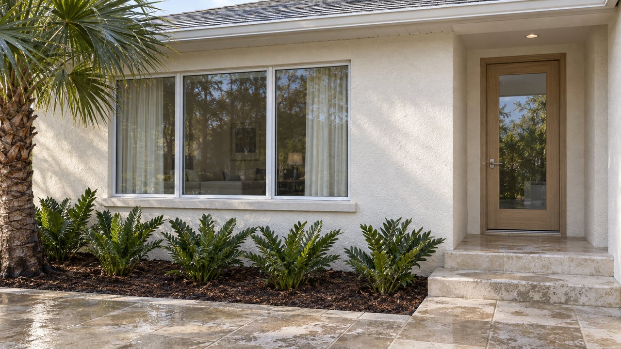Sunlight touches a white stucco home's glazed entry and broad window above rain-damp limestone paving and sculptural native planting.