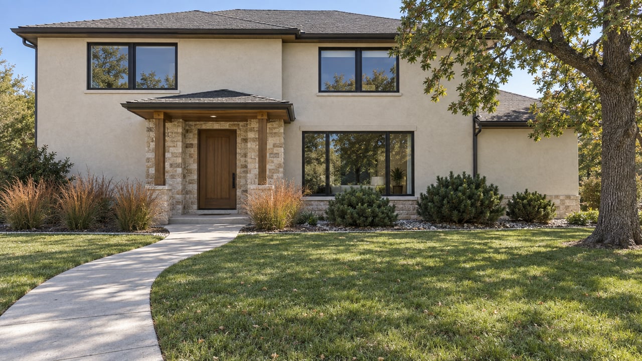 Updated two-story home with pale stucco, stone entry, black-framed windows and a deep autumn lawn.