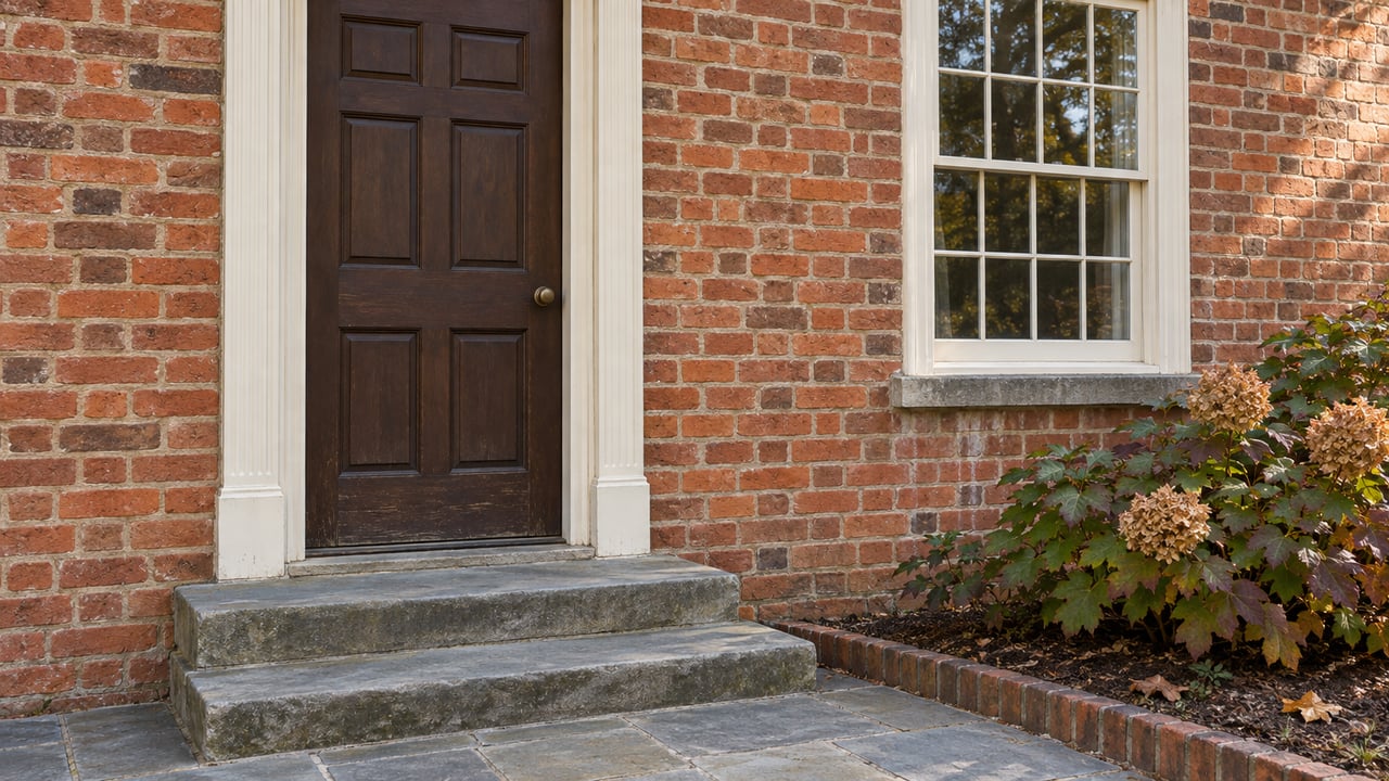 Brick home entrance with a dark paneled door, white sash window, worn stone steps and autumn oakleaf hydrangea.