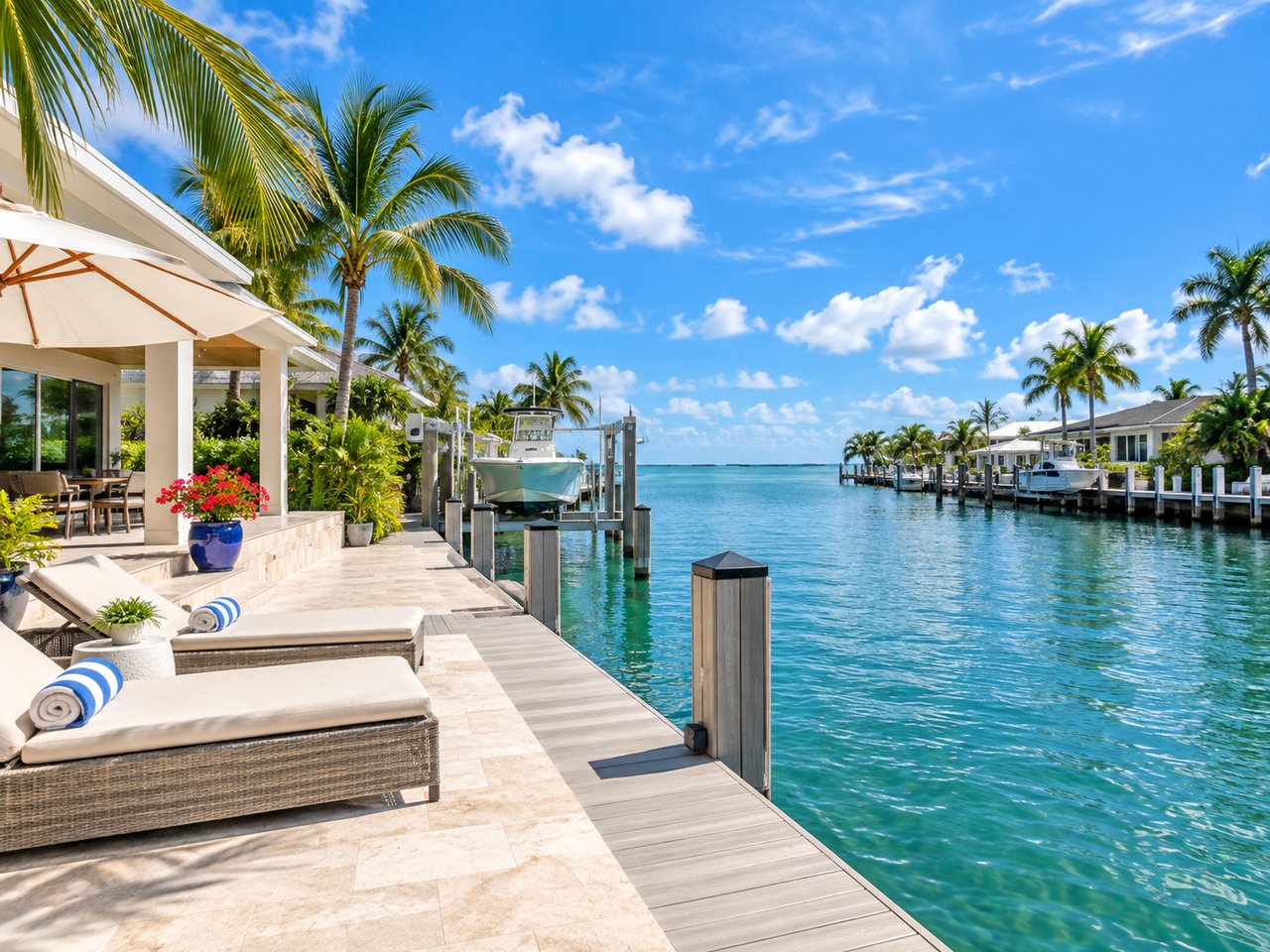 Waterfront patio with cushioned loungers, palm trees, and a private dock beside a turquoise canal.
