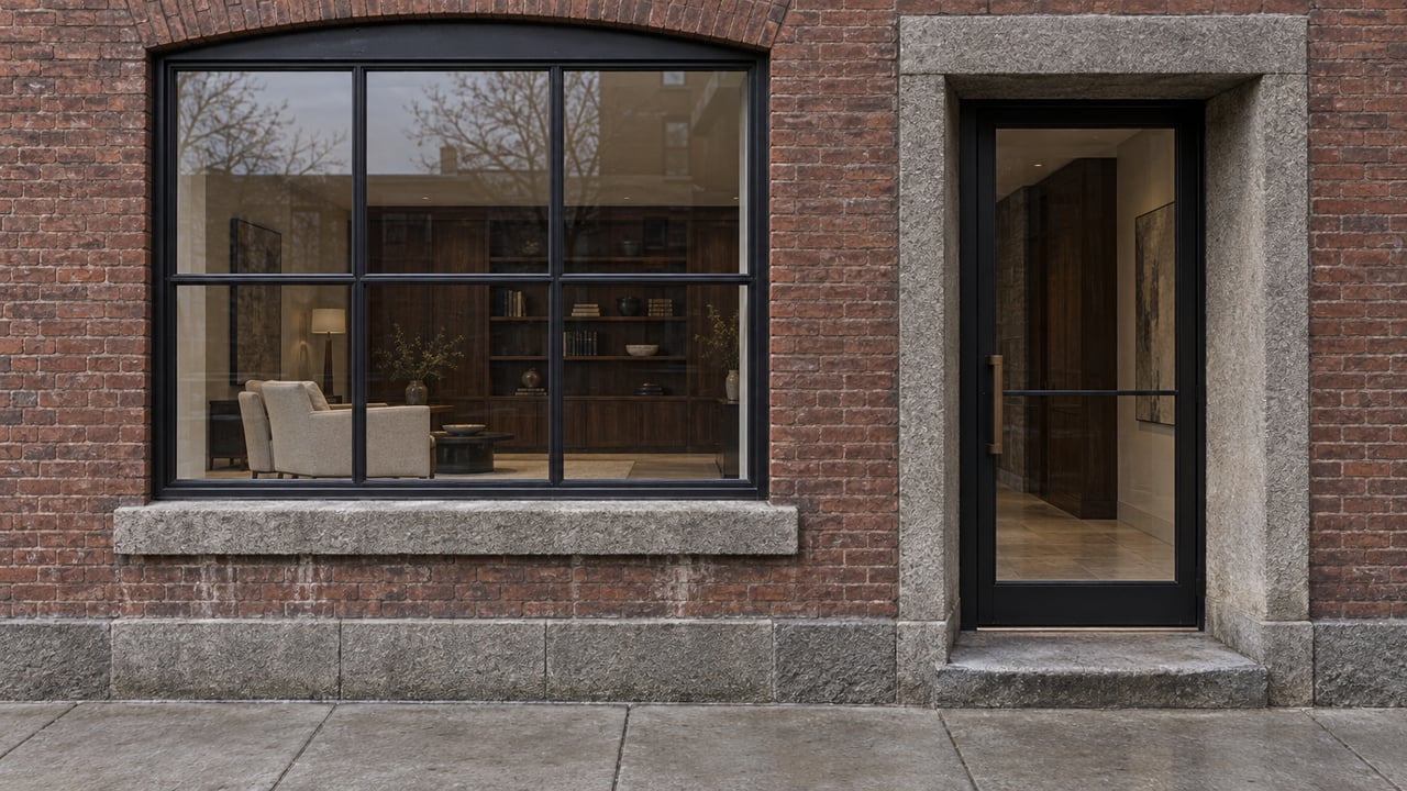 Weathered red brick loft facade with a large black-framed window, granite base, and recessed glass entrance.