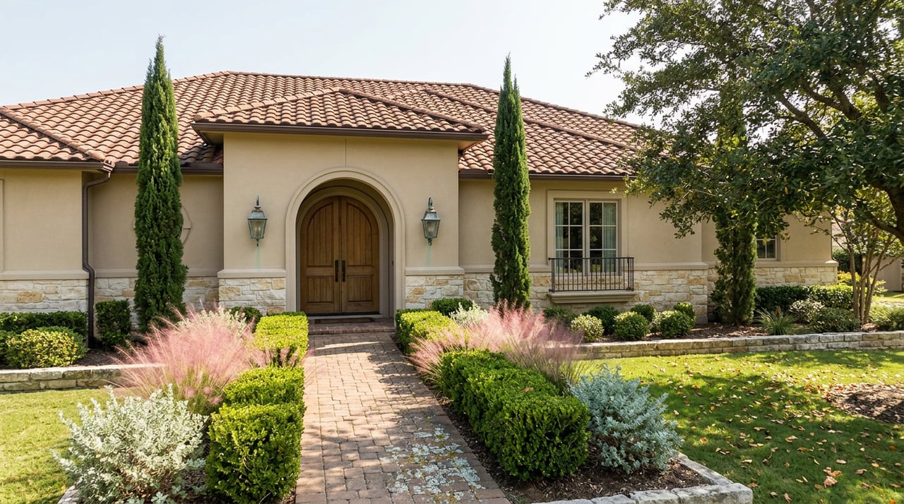 Single-story stucco home with an arched double-door entry, tile roof, brick walkway, clipped hedges, and cypress trees.