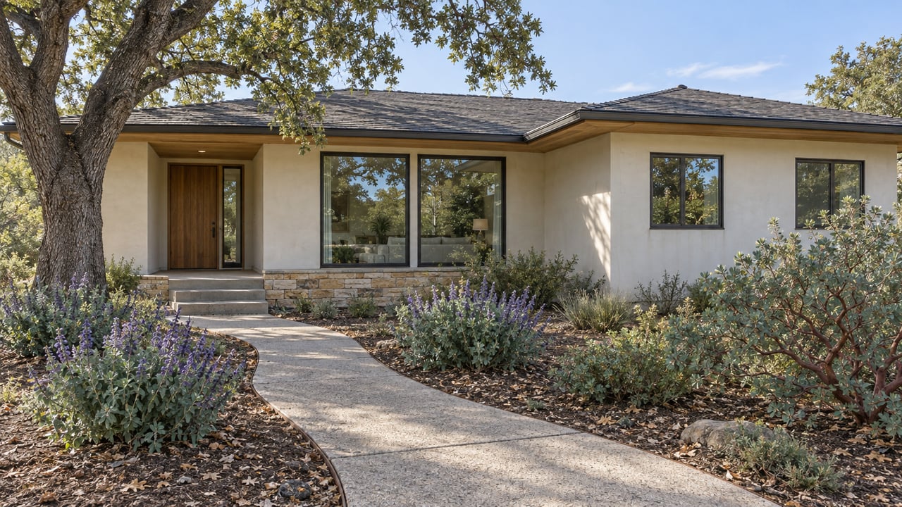 Single-story plaster and wood home behind a deep drought-aware garden, with a mature oak and a concrete approach.