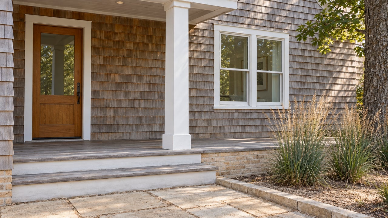 Weathered cedar cottage with a white-trimmed window, covered oak entry, broad porch steps and ornamental grasses beside a sandstone approach.