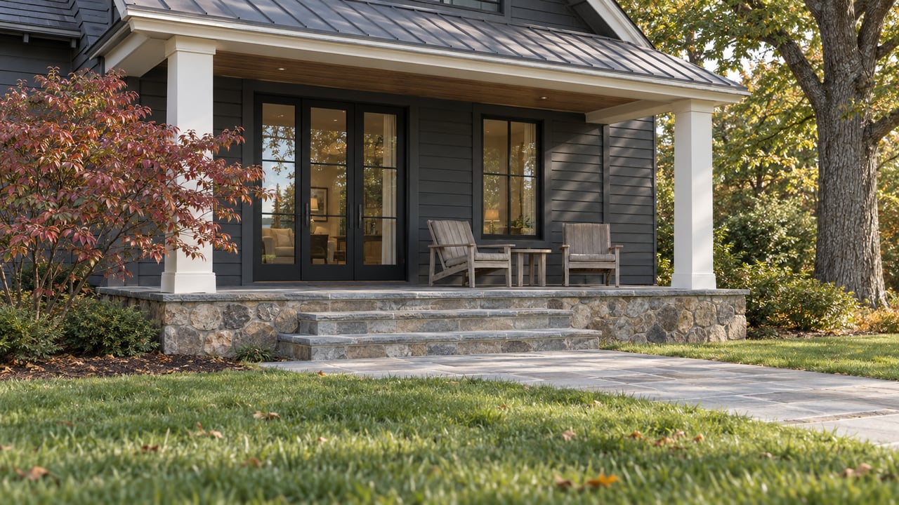 Charcoal-sided lake house with a covered stone porch, teak seating, and broad steps rising from a gently sloping lawn beneath mature trees.