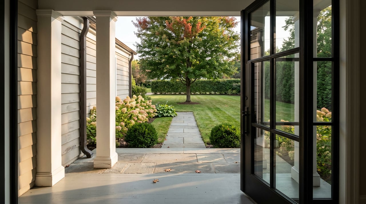 Open black-framed doorway looks onto bluestone steps, a lawn path, and a maple beginning to redden.