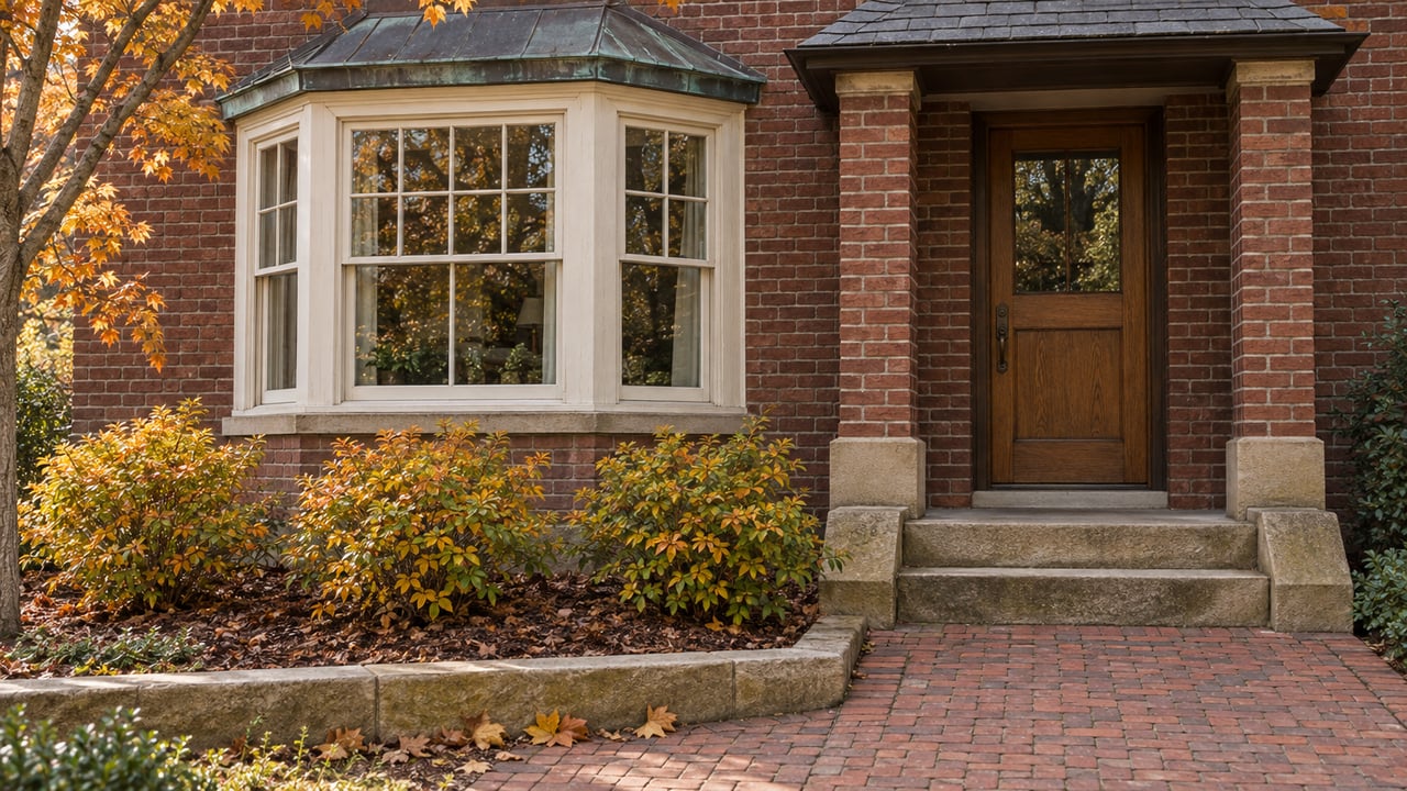Autumn foliage beside a red-brick house with an oak entry door, ivory-painted bay windows and sandstone steps.