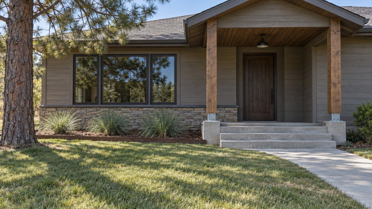 A timber-post porch and warm gray wood facade behind a broad lawn, with stone foundation trim and a mature pine at the left edge.
