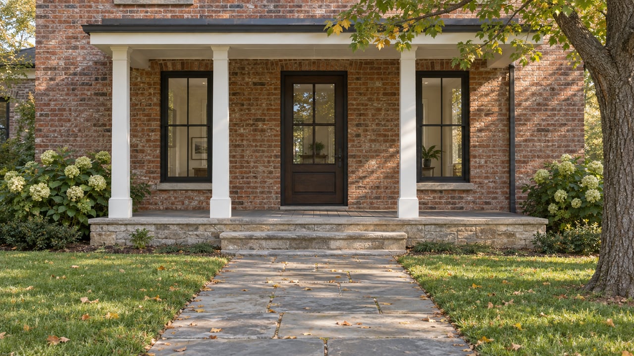Brick house entry with a glazed dark-wood door, flanking windows, and a flagstone walk beneath oak branches.