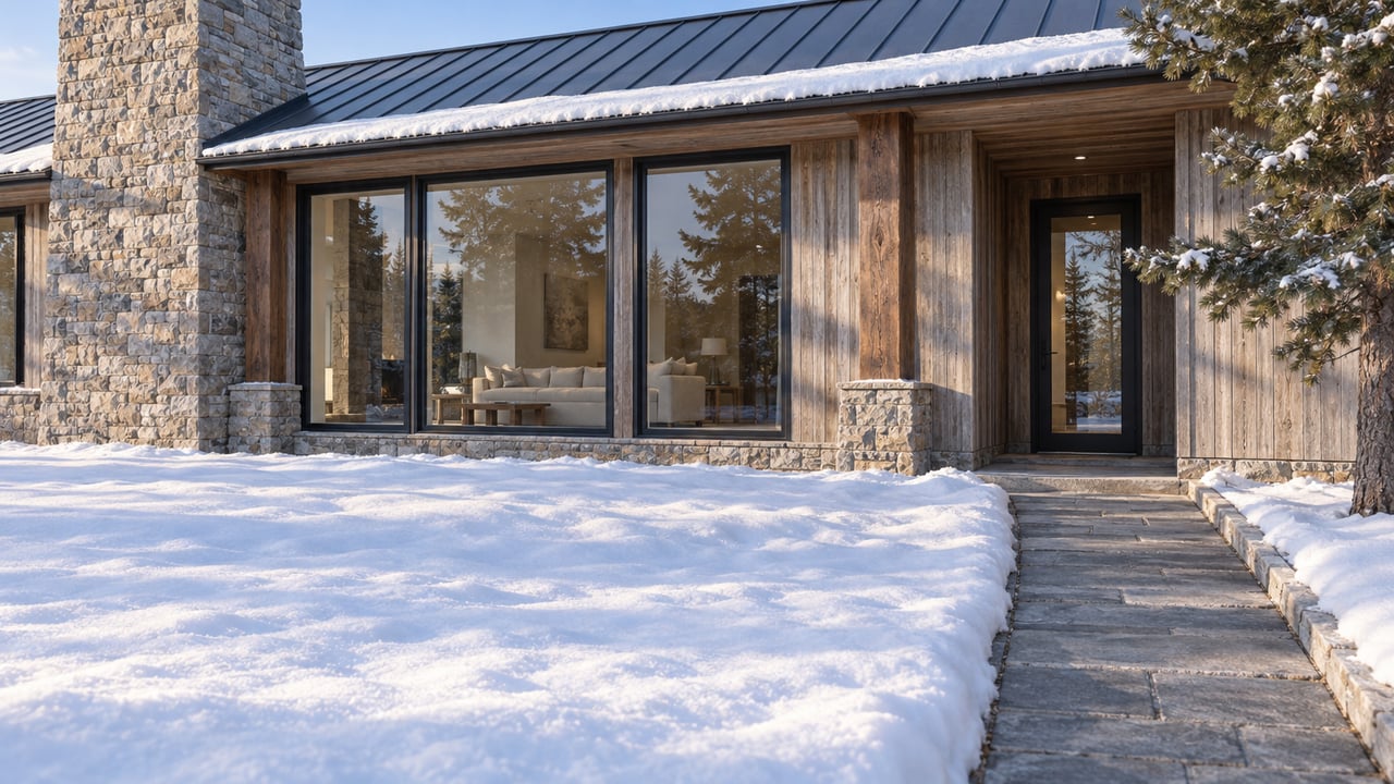 Winter sunlight across a stone-and-cedar home with broad windows, a cleared stone approach and a single snow-dusted pine.