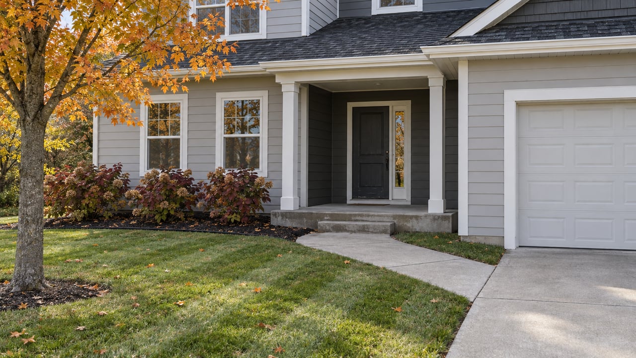 Light-gray suburban house with charcoal gables, a covered entry, concrete approach, and an autumn sugar maple beside a mown front lawn.