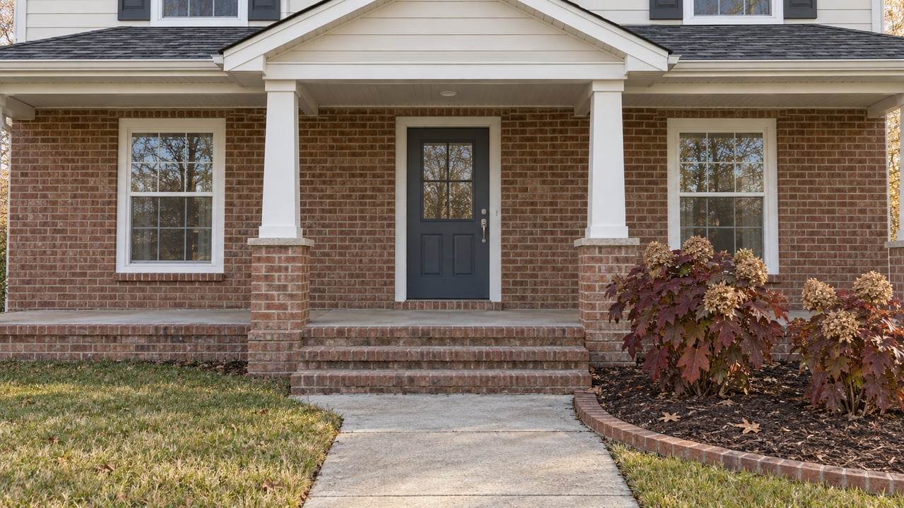 Autumn sunlight on a brick-and-ivory-sided home's covered entry, with brick steps, a concrete walk and oakleaf hydrangeas.