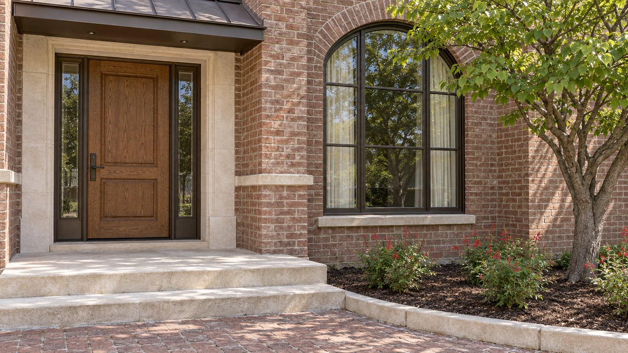 Brick residential entry with an oak door, limestone steps, a tall arched window and a small flowering garden.