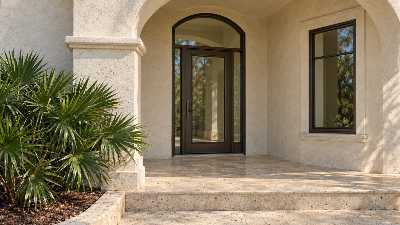 Sunlit ivory stucco entrance with bronze-framed glass door, limestone steps, and one sculptural saw palmetto.