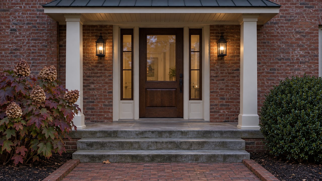 Red brick home entrance at blue hour with an oak door, matching sidelights, black lanterns and limestone steps beside autumn planting.