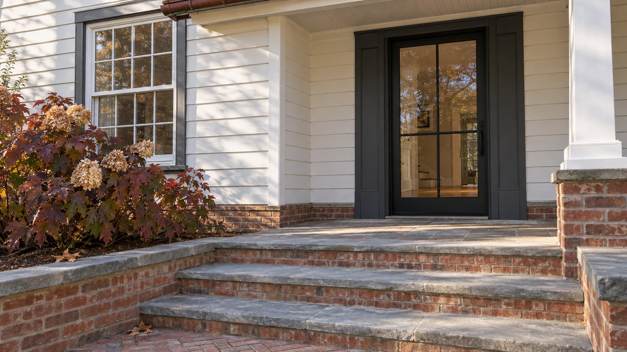 Autumn light on bluestone entrance steps, weathered brick, white clapboard, and a closed glazed door beside a burgundy oakleaf hydrangea.