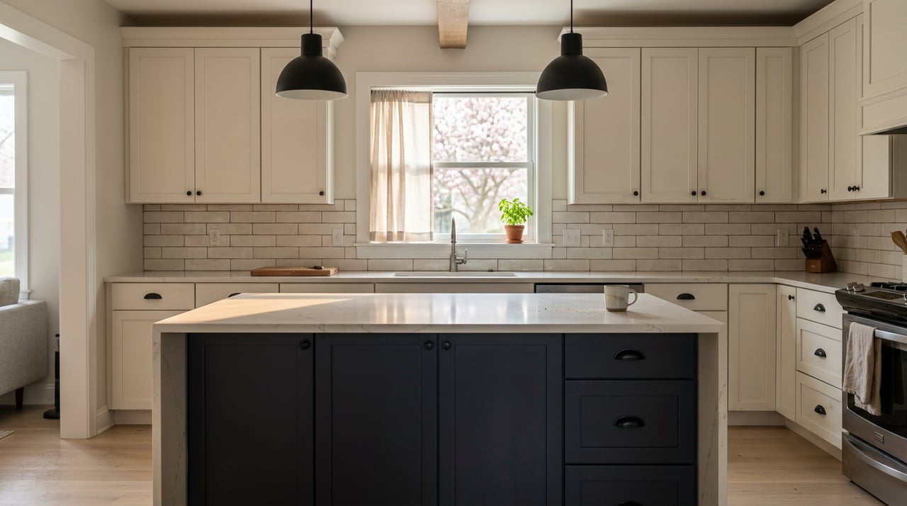 White kitchen with a charcoal-navy island, black pendant lights, and basil on the windowsill.