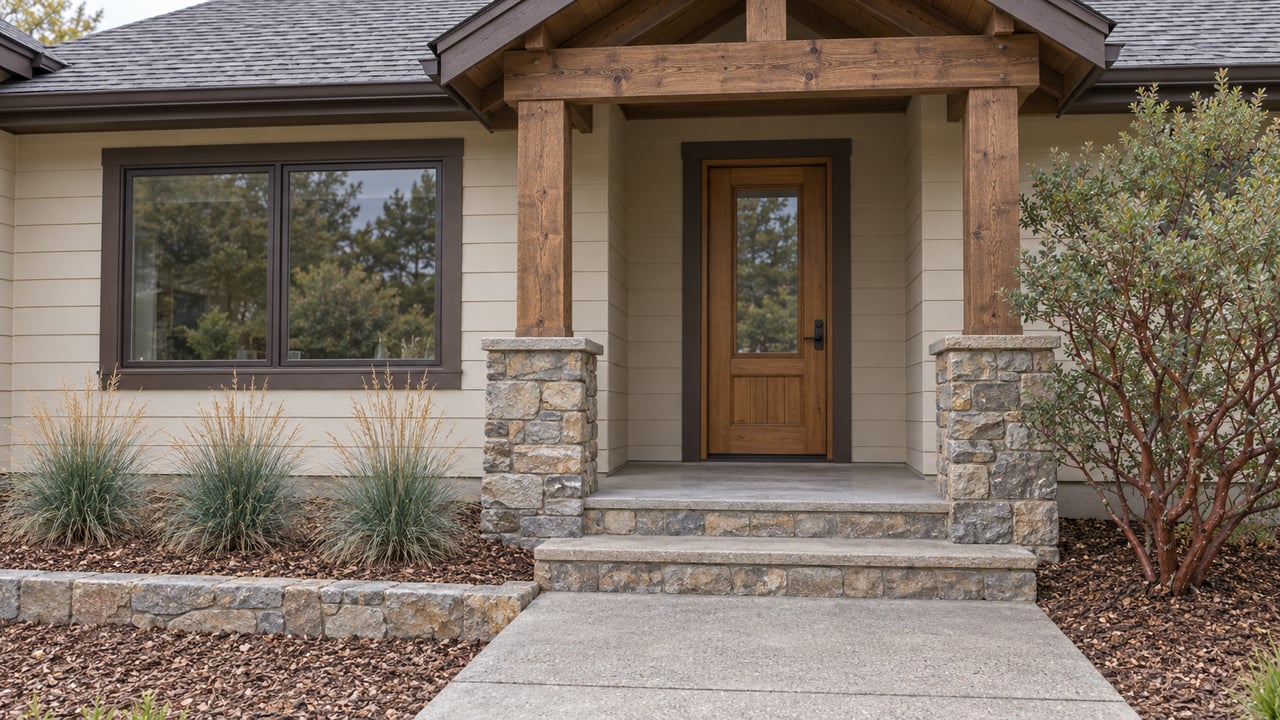 Cream-sided single-story home entrance with timber porch posts, stone steps and a sculptural manzanita beside the approach.