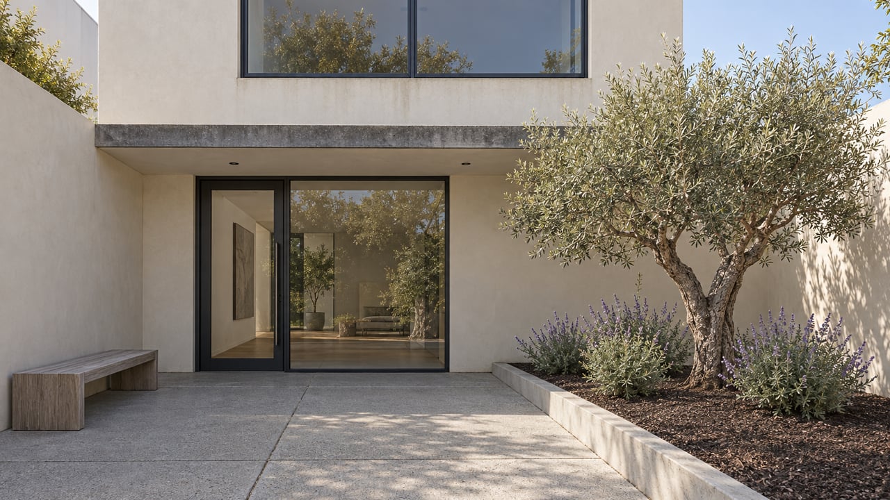 Contemporary stucco home with closed glazed entry, concrete courtyard, weathered teak bench and a sculptural olive tree.