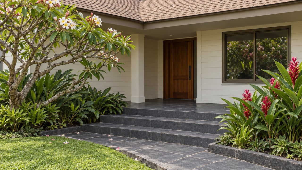 Cream-sided coastal home entry with a timber door, basalt steps, plumeria tree, and red ginger plants.
