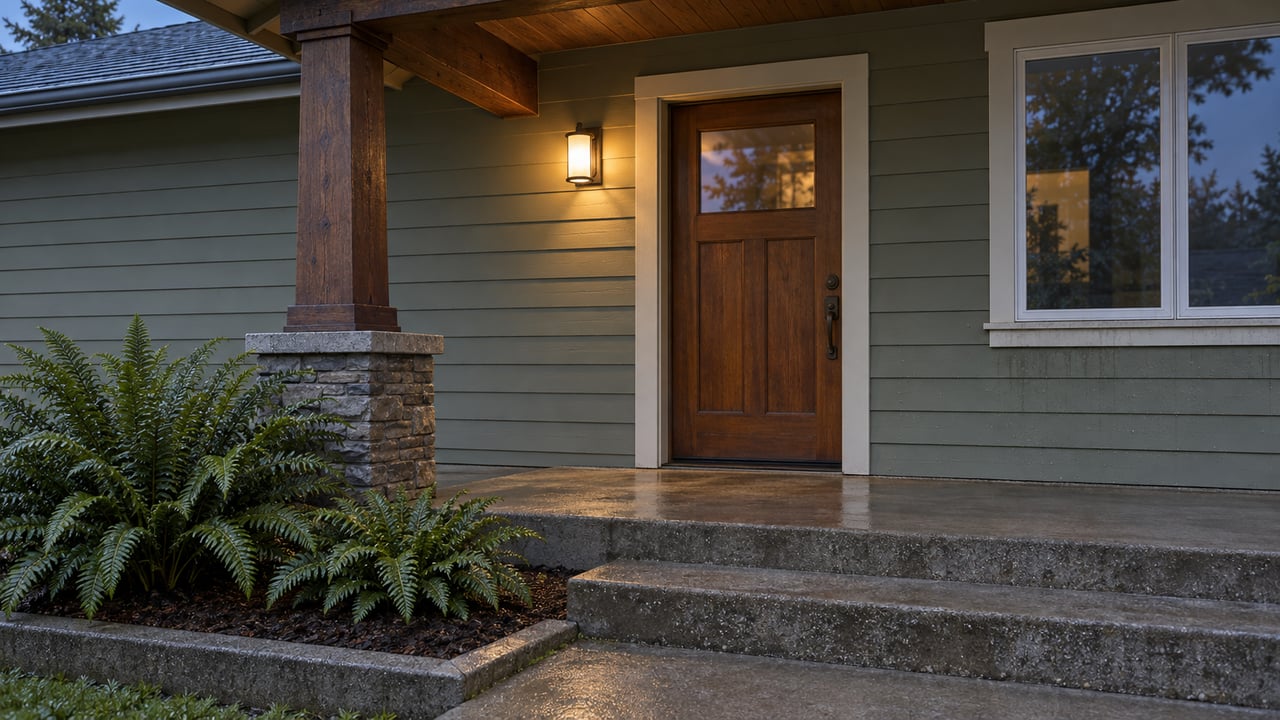A covered home entry at twilight with sage lap siding, a fir door, stone porch pier, concrete steps and two sword ferns.