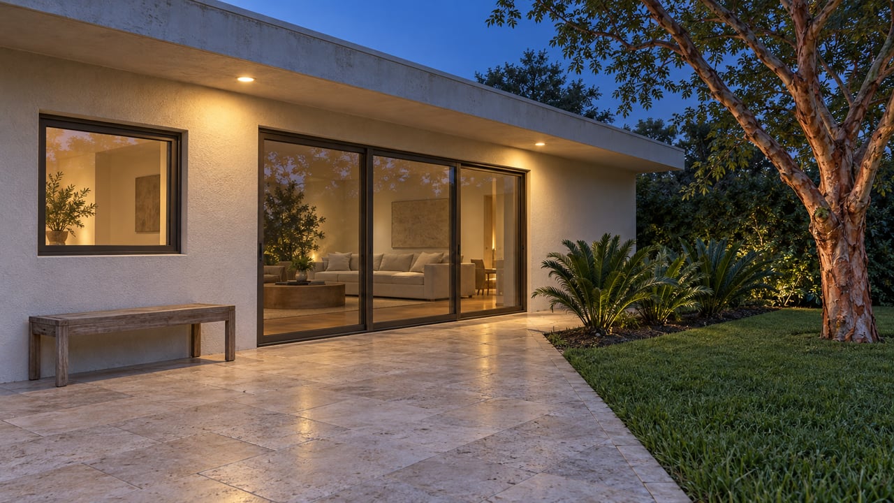 A single-story home at blue hour with closed bronze-framed glass doors, a limestone terrace, teak bench and sculptural garden planting.
