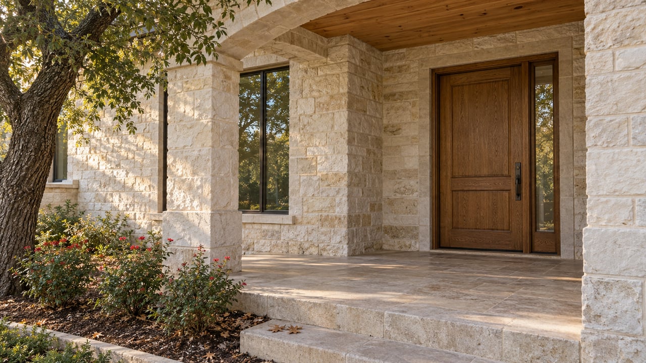 Limestone porch with a warm oak front door, bronze-framed window and mature oak beside a planted stone step.