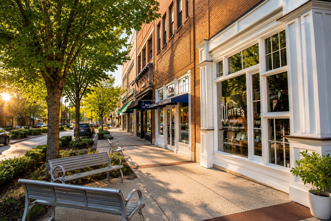 Green Hills Nashville shopping district with tree-lined sidewalks, brick storefronts, local boutiques, and walkable neighborhood charm.