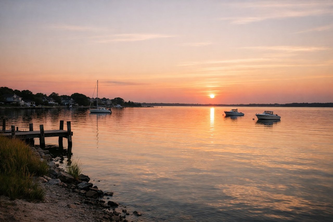 Sunset over calm bay water near Remsenburg with boats and golden evening light