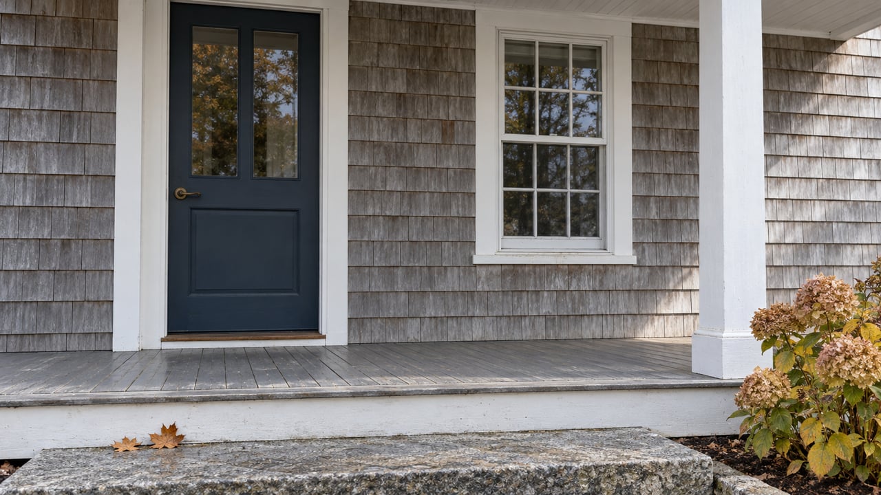 Silver-gray shingled entrance with a navy door, white-trimmed window, worn porch boards and granite landing beside autumn hydrangea.