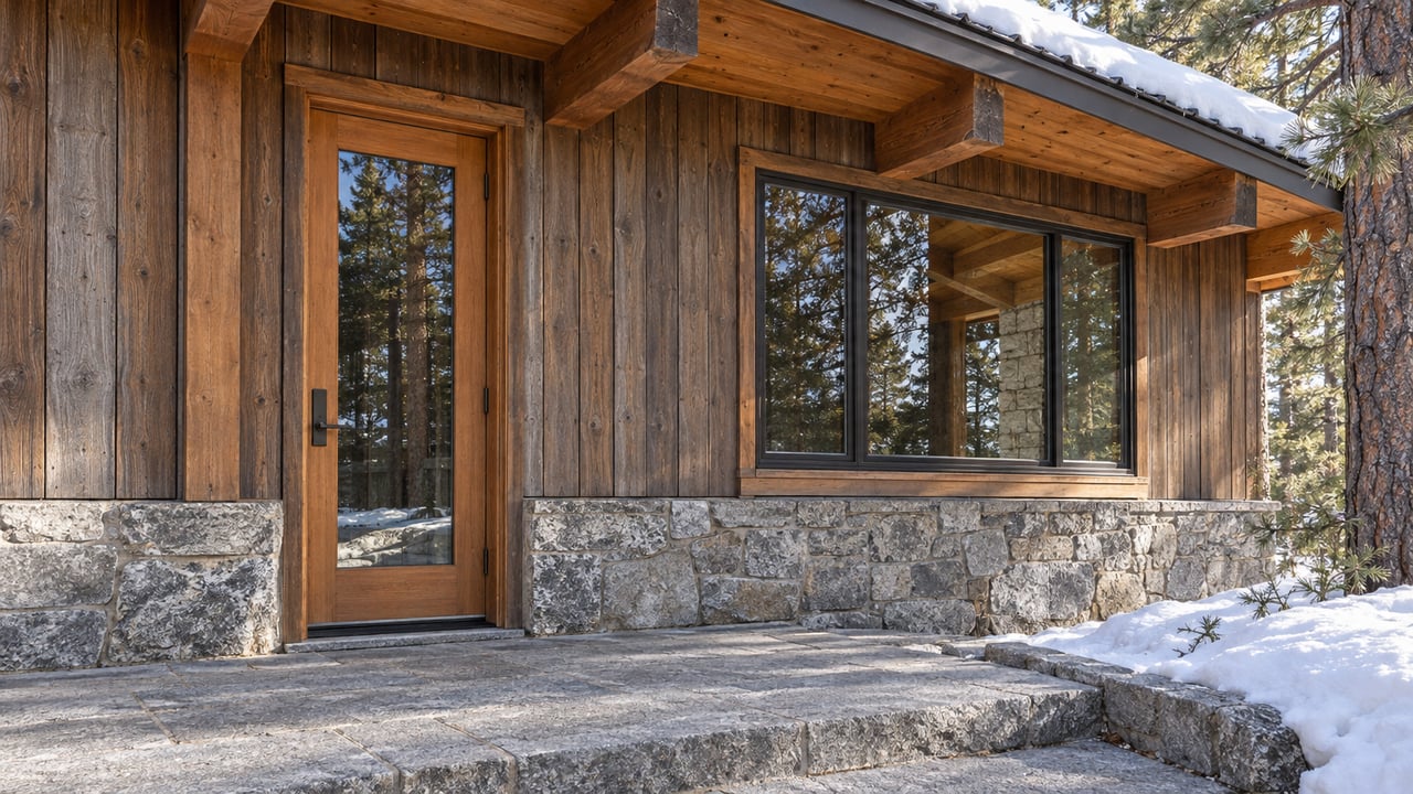 Winter sunlight reveals weathered cedar siding, exposed timber eaves and a granite entry landing beside a snowbank.
